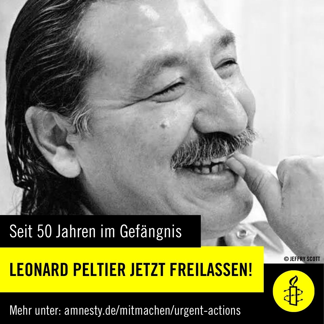 Fordere #Freiheit für #LeonardPeltier !

Der #indigene #Aktivist sitzt seit 50 Jahren in Haft u. hat am 10. Juni  seine vielleicht letzte Chance auf #Begnadigung.

Hier geht's zur #urgentaction: amnesty.de/mitmachen/urge… ❤️

#freeleonardpeltier #IndigenousRights #NativeAmerican