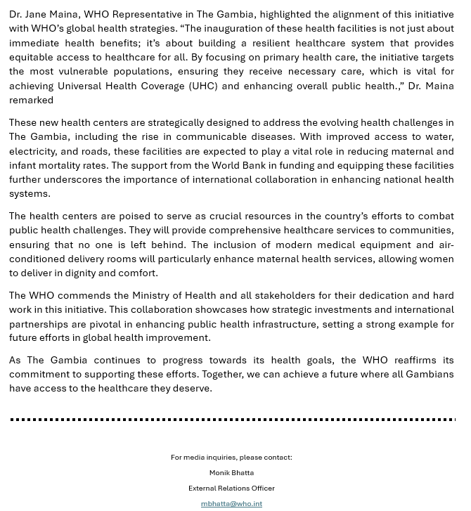 @WHOGAMBIA congratulates the government of H.E. @BarrowPresident on inaugurating five new health facilities🥳🎉

This landmark achievement marks a major stride towards Universal Health Coverage for all Gambians! 

Together, we advance healthcare for all!

#HealthForAll #UHC