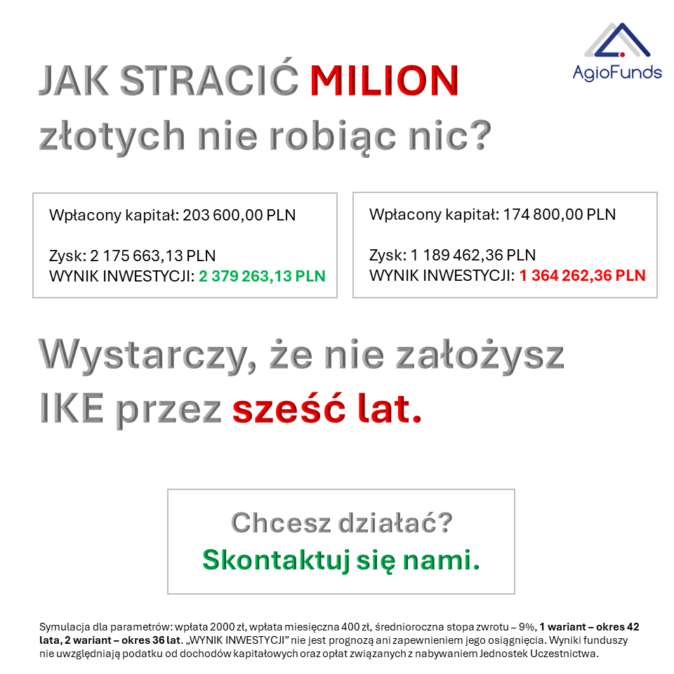 Jak cenny jest czas?

...

To zależy jako go wykorzystujesz...

Dziś bez stosików monet, kiełkujących roślin i słoików - czarno na białym.

Te i inne symulacje wykonasz na najlepszym symulatorze procentu składanego: agiofunds.pl/emerytura/ike/

Inwestowanie wiąże się z ryzykiem.