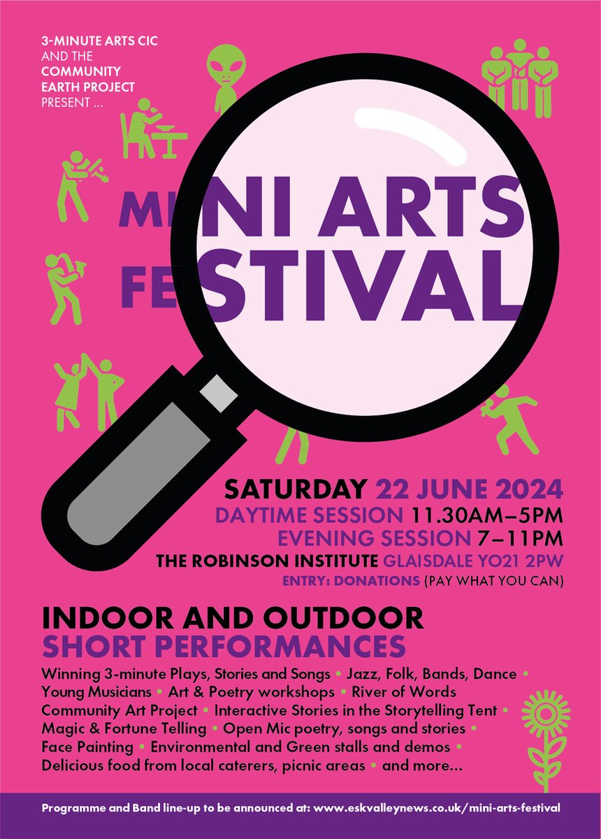 MINI ARTS FESTIVAL returns to #Glaisdale, nr #Whitby, #NorthYorkMoors Sat 22 JUNE,  11.15-5 &  7-11. Bands; prize-winning drama, stories, songs; art & poetry workshops; green stalls; family activities; picnics; great food, bar 
@NorthYorkMoors 
@EVRDC 
@VisitWhitby 
@TheEskdale