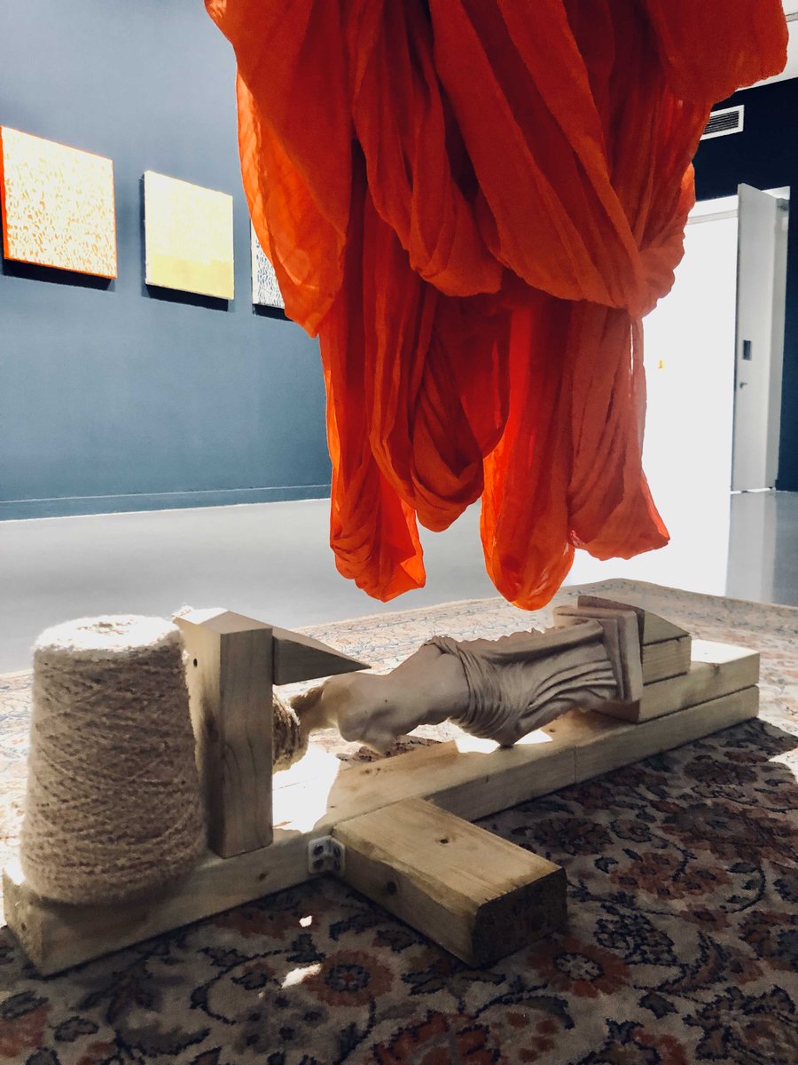 woundbloom's tweet image. Recent floor based sculpture.
Timber. found antique plaster statue and wool on carpet with an overhang of turban fabric.
80cm x 40cm x 30cm
2022
#worshiptech #floorbasedsculpture
