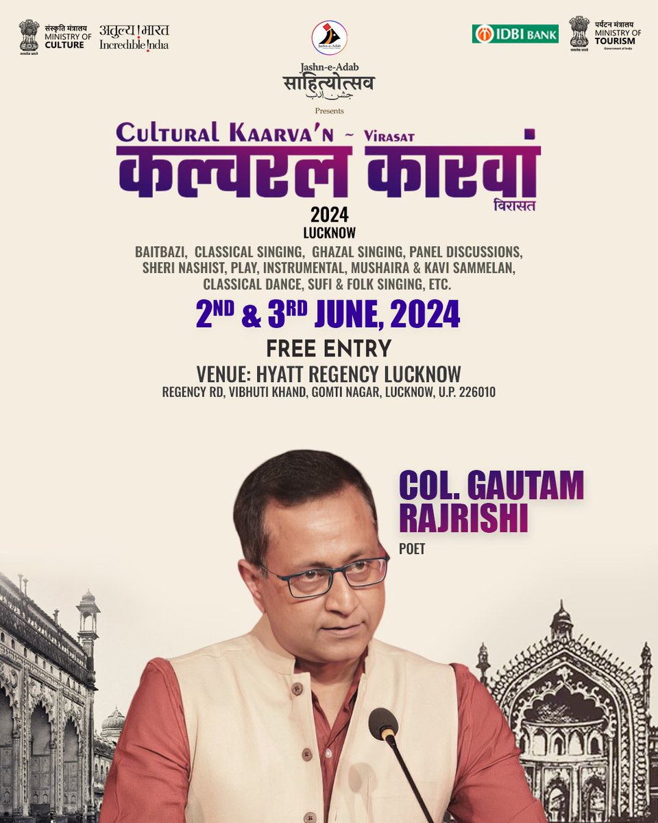 Kavi Sammelan & Mushaira: Abhivyakti

Miliye Col. @gautamrajrishi  se Sahityotsav Jashn-e-Adab Cultural Kaarva'n Virasat, Lucknow 2024 Mein.
🎉 Save the Date!

Entry Free! Register at jashneadab.org
#culturalkaarvan #MinistryOfCulture #MinistryofTourism #IDBIBank