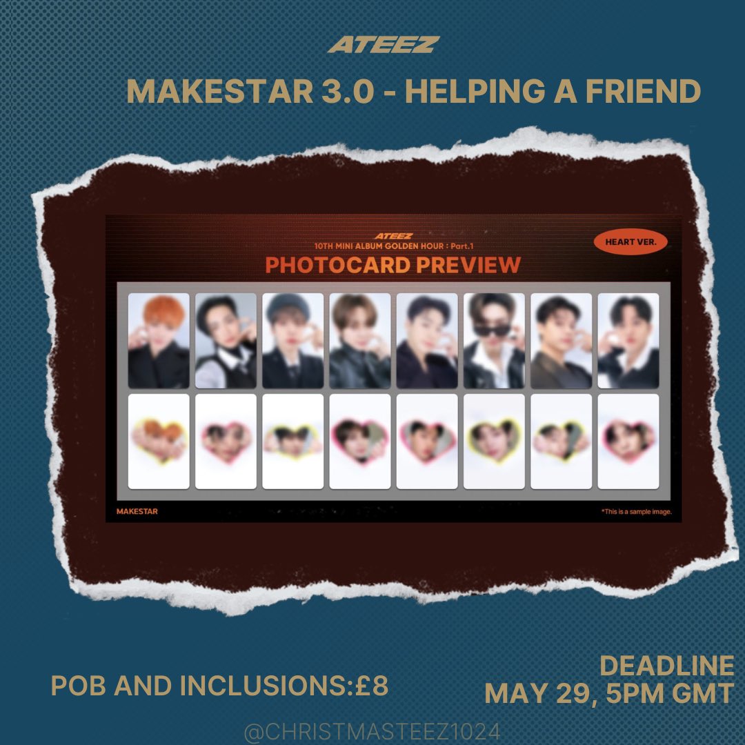 UK BASED/ WW FRIENDLY 

ATEEZ - GOLDER HOUR PART 1

MAKESTAR 3.0
⁃Helping a friend -

This is for my friend @luciateez win her first ever fancall! please don’t join if you don’t feel comfortable with it!

DEADLINE: 29 MAY @ 5 PM GMT

Price: £8 pob and inclusions

Payment via