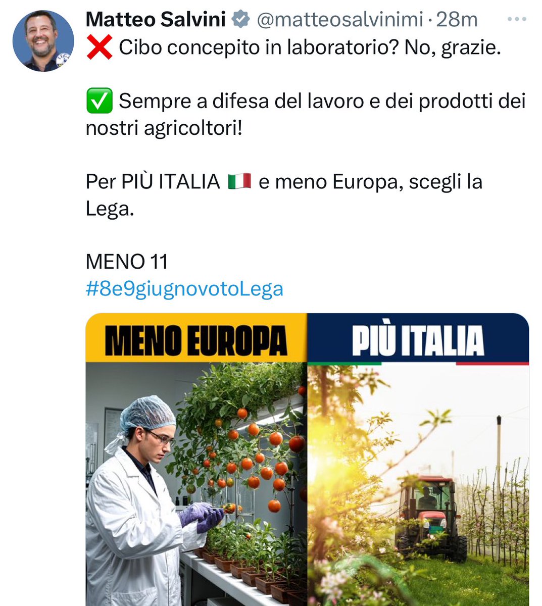 Tutte le sue posizioni politiche, nel caso in cui si traducessero in realtà, porterebbero sempre allo stesso risultato: il sottosviluppo economico, cronico e irreversibile, dell’Italia. 

Questa testardaggine antiscientifica non tutela gli agricoltori italiani.

#elezionieuropee