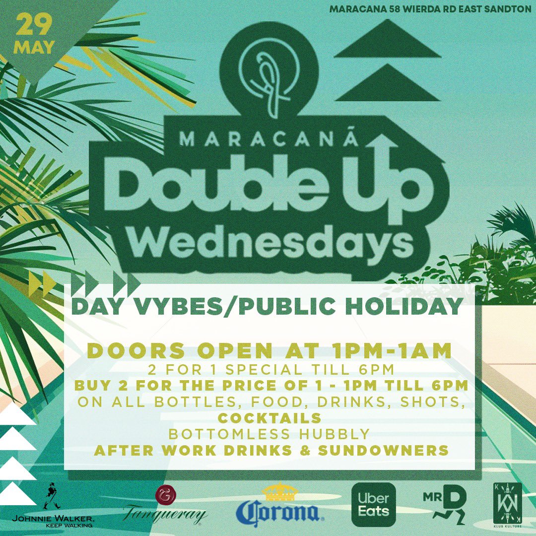 Let’s rock from 1pm tomorrow!!!
#DoubleUpWednesdays <a href="/SandtonMaracana/">Maracanã Sandton</a>