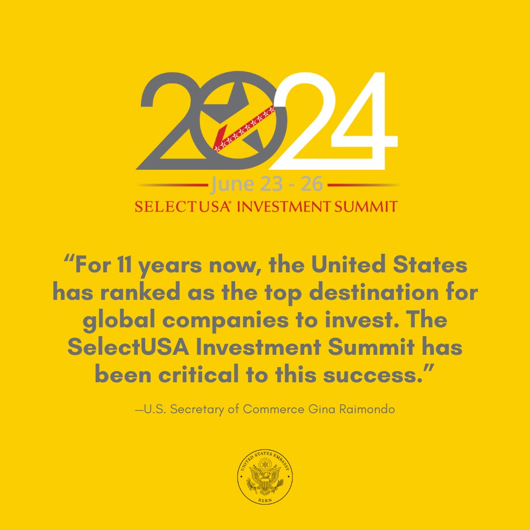 Registration for the 2024 @SelectUSA Investment Summit on June 23-26 is open! 🇺🇸 Connect with 3,500+ participants, incl. 2,300 international companies! Don't miss out on this premier event for foreign direct investment! Apply to attend now: ow.ly/k2zH50Rz9Oe #InvestUSA