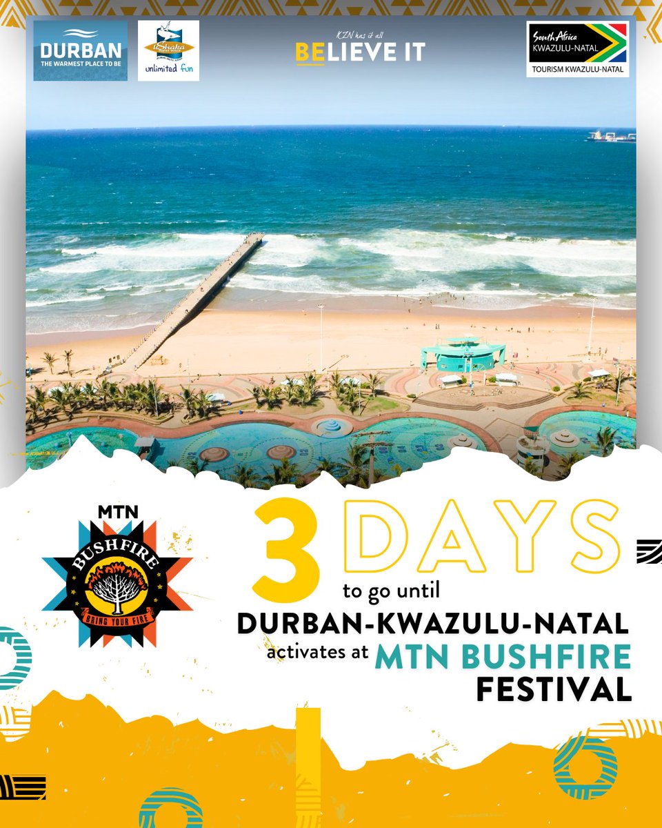 Eswatini, the countdown is on! Just 3 days left! Join the Tourism KZN team at #MTNBushfire and find out why KZN is famed for its stunning beaches, rich cultural heritage, and thrilling adventures! Looking forward to seeing you there!

#KZNHasItAll #BelieveIt