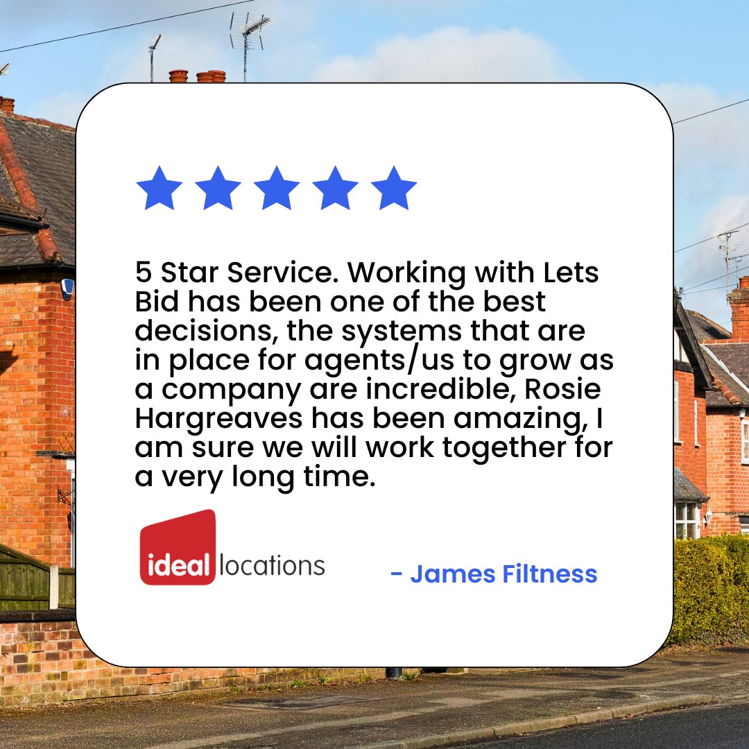 A fantastic review from @ideallocations 🌟

To experience your own 5-star service with Lets Bid, book a demo today: bit.ly/3IyffMv 

#PropertyInsights #PropertyMarket #EstateAgent #EstateAgentTool