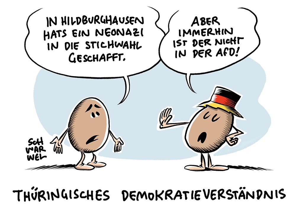 TSchwarwel's tweet photo. „Kommunalwahl Thüringen 2024:
Jeder Vierte stimmt für Neonazi – Frenck (BZH) kommt in Hildburghäuser Stichwahl“
#kommunalwahl2024 #thüringen #Rechtsextremismus #schwarwel https://t.co/KWupGPrXZa