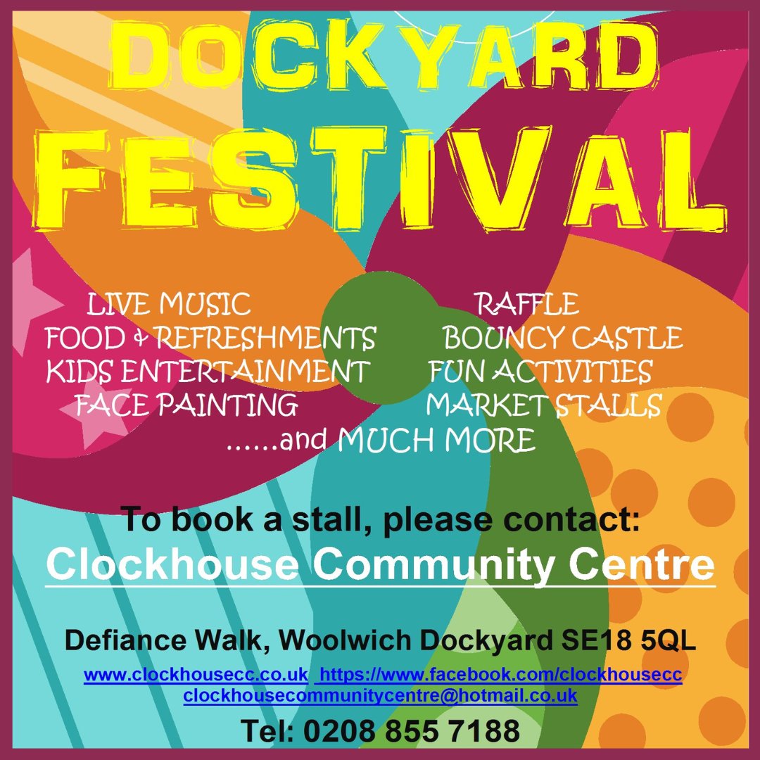 Join Healthwatch Greenwich at the Clockhouse Community Centre on 3 August from 12pm-5pm where we will have a stall at the Annual Dockyard Festival.