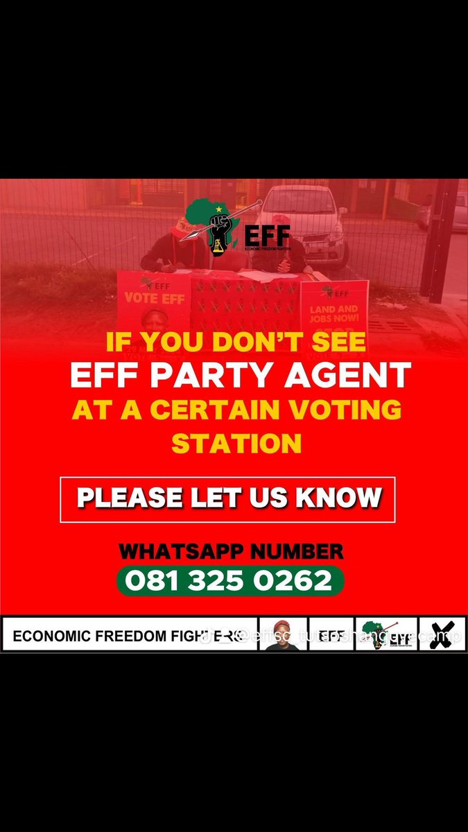 🚨Alert 🚨

Contact The Numbers Below If You Don’t See EFF Party Agents At Voting Stations ❤️💚🖤

#Malema4President #VukaVelaVota