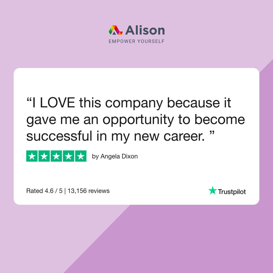 And we LOVE helping you succeed!  😊🌟

Sign up and start learning for free so you can kickstart your career, just like Angela - ow.ly/NYAw50RMT9s. 

#FreeEducation #FreeOnlineCourses #Success #Career #Learning #Review #SuccessStory #Alison #EmpowerYourself