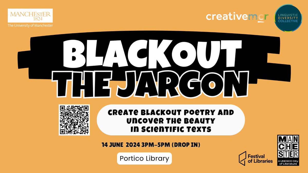 Create your own 'Blackout Poetry' with @UoMLDC at @McrCityofLit #FestivalofLibraries at the beautiful @ThePortico. Drop in on 14 June and find meaning in a scientific text by creating a work of art.

Book here: eventbrite.co.uk/e/blackout-the…