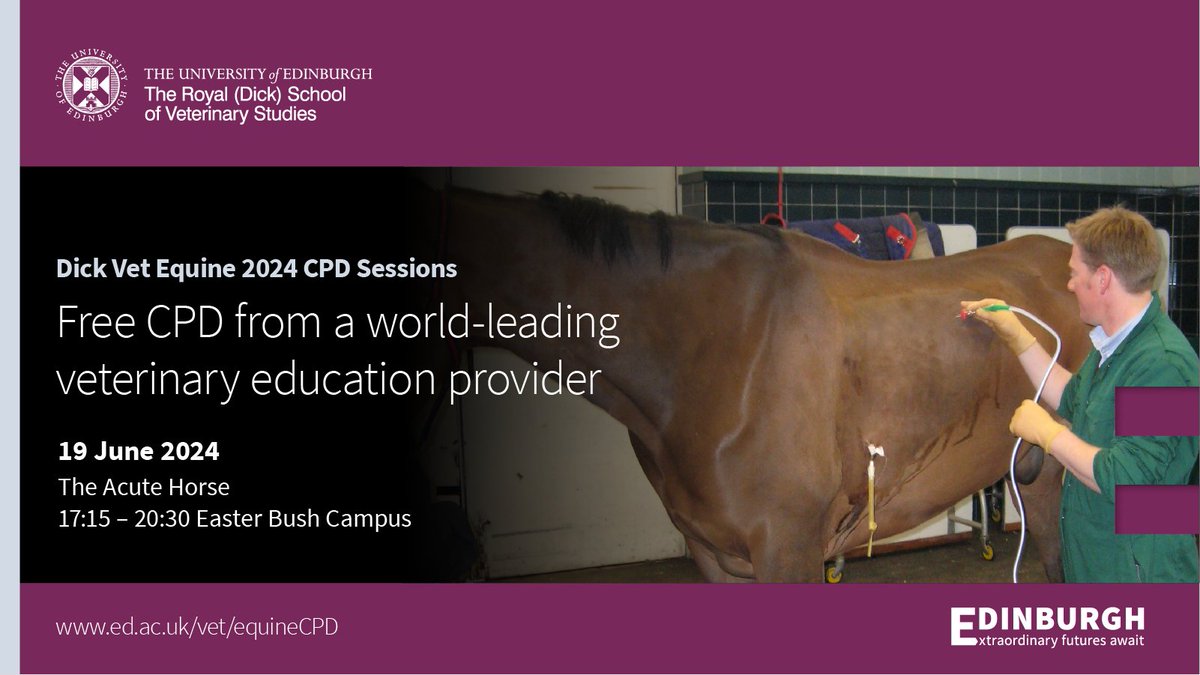 Calling all equine vets and nurses!

Our next in-person free #CPD evenings is on the subject of 'The Acute Horse.'

Join us on 19 June for an evening discussing the identification &amp; management of common emergency cases found in equine practice.

More info: edin.ac/4bxAHy1