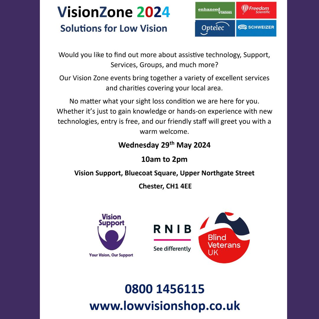 The next VisionZone event is tomorrow (the 29th of May) in #Chester, come along to learn about services, support & assistive technology for people with a #VisionImpairment #LowVision. 10am - 2pm. #VisionSupport Bluecoat Square, Upper Northgate Street, Chester CH1 4EE