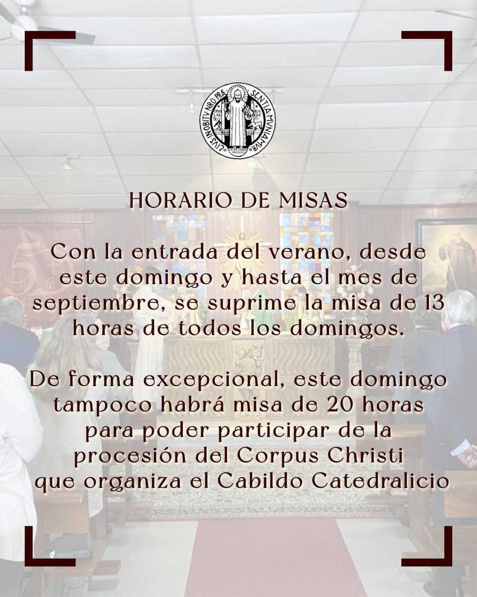 🕐 HORARIOS DE MISA | Se suprime la misa de 13 horas de domingo.

Seguirá así hasta septiembre; de igual modo este domingo de forma excepcional no hay misa de domingo a las 20 h. para participar como comunidad en la procesión del Corpus Christi.

#OraEtLabora
#SanBenitoJerez