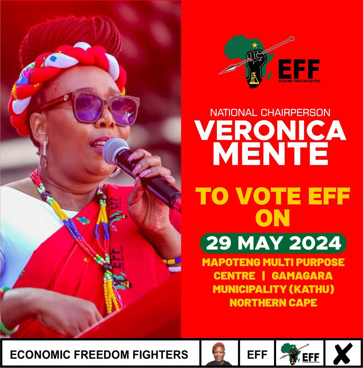 National Chairperson @veronica_mente will cast her vote for the EFF tomorrow. National Chairperson will vote for leadership that has been consistent in fighting GBV, an organisation that is intolerant of corruption and incompetence, the EFF. #ChooseEFF #IamVotingEFF