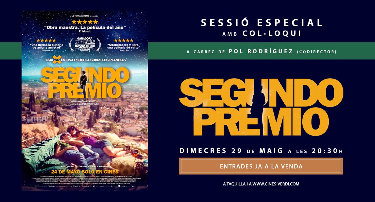 Després del seu èxit al @festivalmalaga ja als Verdi “Segundo premio” - la “no” pel·lícula sobre @LosPlanetasGr - i DEMÀ després de la sessió de les 20:30h tindrem col·loqui amb el seu codirector Pol Rodríguez. Entrades: shorturl.at/g9GGX