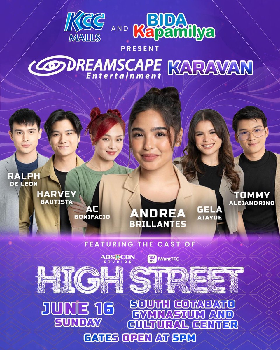 #HighStreet TEAM LIVE

Hi, kahels!! Grab the chance to meet #AndreaBrillantes and other #HighStreet cast on JUNE 15, 5:00 PM at KCC Mall of Gensan and JUNE 16, 5:00 PM at KCC Mall of Marbel, South Cotabato Gymnasium and Cultural Center. Just DM us to be part of our Team Live. 🧡