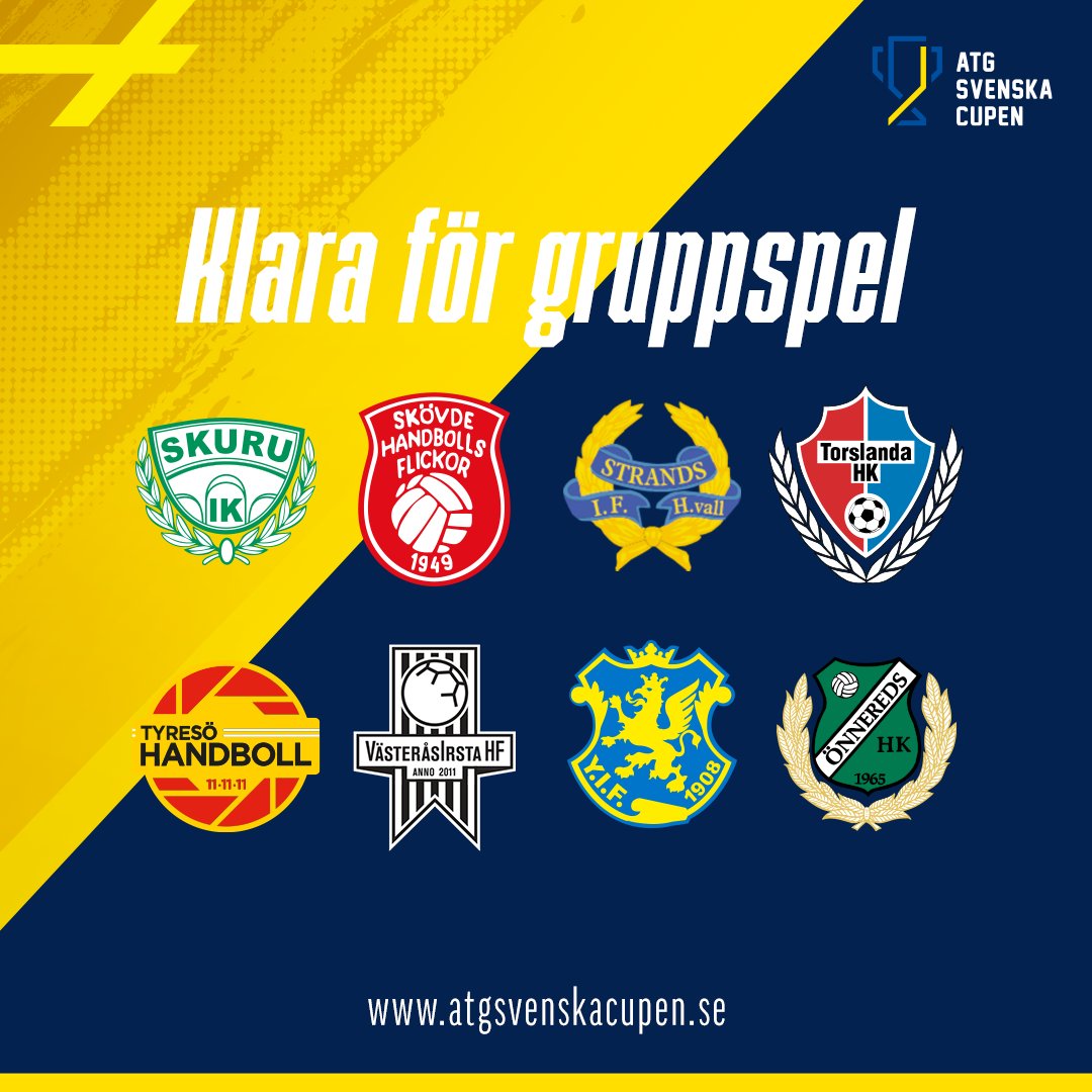 🏆Här är de 32 gruppspelslagen på damsidan!  

12 Handbollsligan-lag, 10 allsvenska lag, 9 division 1-lag och ett division 2-lag återstår i kampen om cupguldet.   

Gruppindelningen sker i juni och presenteras kort därefter.   

Läs mer: atgsvenskacupen.se/nyheter/atg-sv…