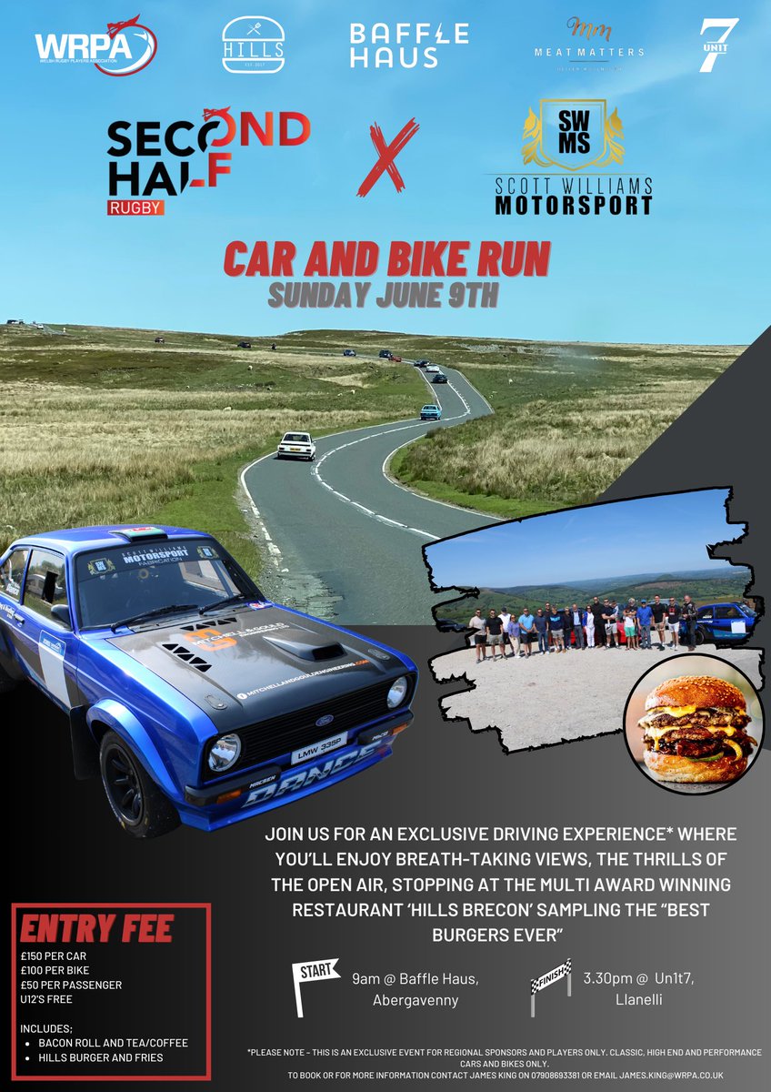 SecondHalfRugby's tweet photo. Start your engines! 🏁🏎️

After a hugely successful event last year, the @SecondHalfRugby ❌ @SWMotor_sport charity car and bike run will be taking place again on June 9th 🗓️

Details of the event and how to book can be found below ⬇️ https://t.co/6PrEIFKOJL