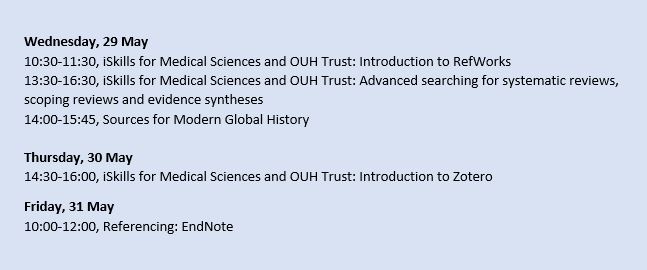 Here is a list of our workshops taking place this week, the 6th week of Trinity term. 

Our workshops are free and available to all Oxford students, researchers, academics and other staff. 

Further details and the booking links are on our website:  shorturl.at/mzPR8