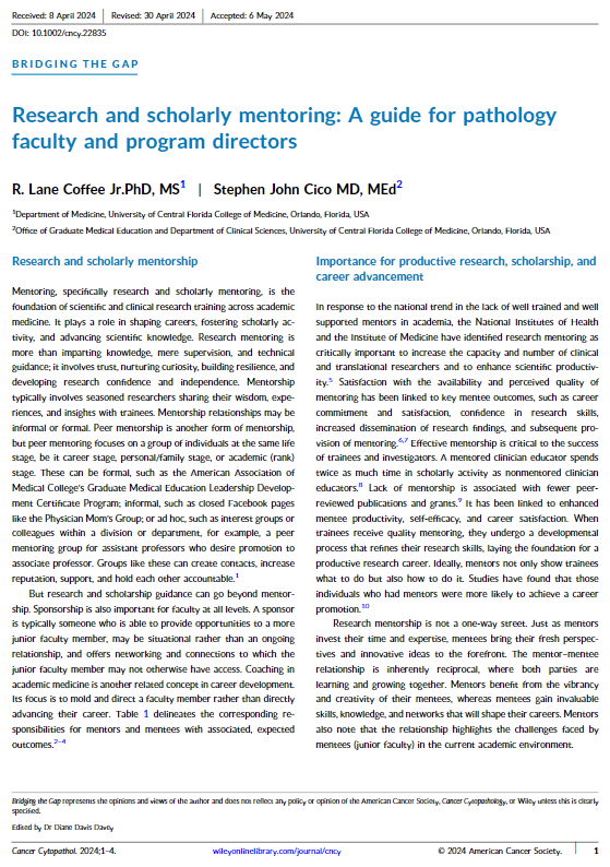 New! | Research and scholarly mentoring: A guide for #pathology faculty and program directors. A focused effort on encouraging and cultivating mentee/mentor relationships is increasingly important in today’s academic environment. acsjournals.onlinelibrary.wiley.com/doi/full/10.10… #CytoPath @PedsEM