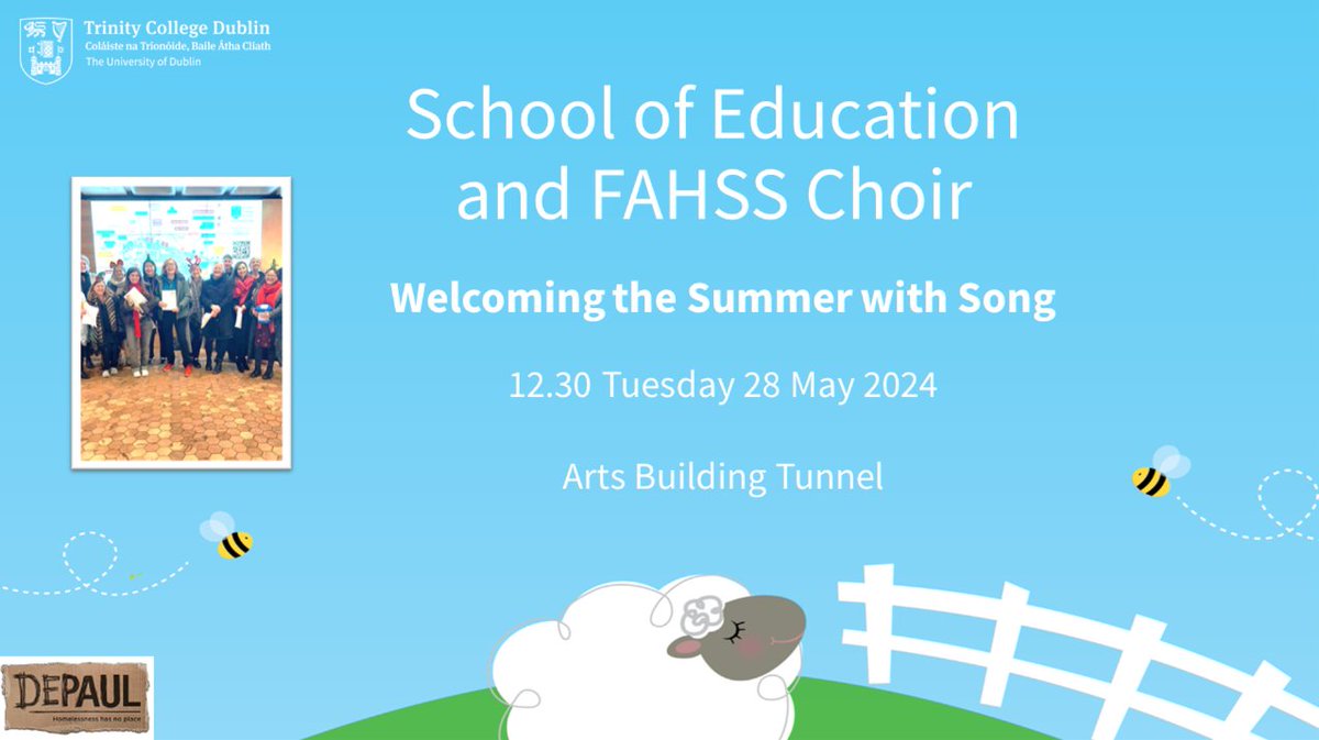 🎶☀️We are looking forward to hearing our @tcddublin @TCD_AHSS @SchoolofEdTCD colleagues' choir today at 12:30 in The Arts Block tunnel. Feel free to pop in and show your support.