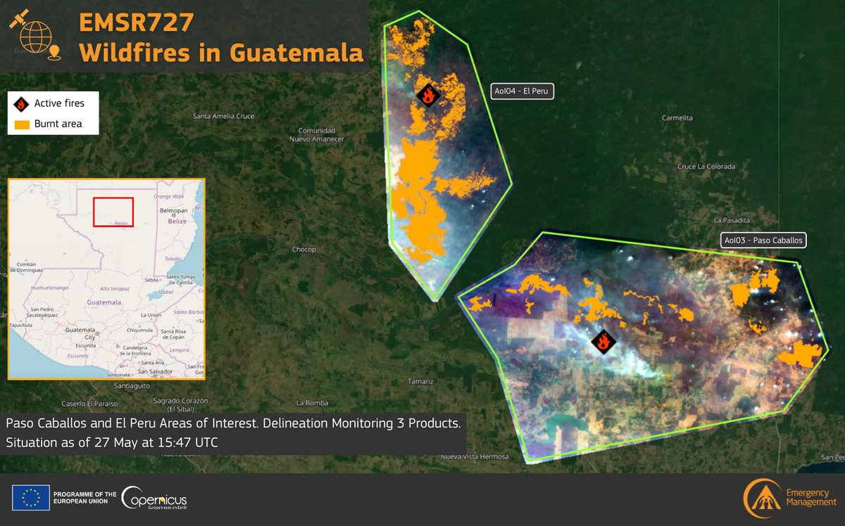 #EMSR727 #Wildfires in #Guatemala 🇬🇹 Our #MappingTeam delivered the 3rd Delineation Monitoring Product for the Paso Caballos and El Peru Areas of Interest As of 27 May, at 15:47 UTC ➡️A total of +21,200 ha have burnt across the 2 AoIs More details at👇 rapidmapping.emergency.copernicus.eu/EMSR727/report…