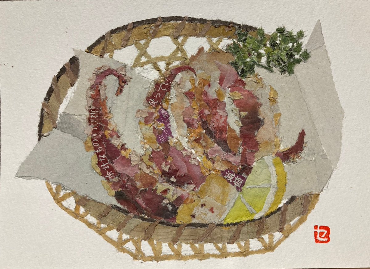 『 ちぎり絵 』 新作のゲソ天おいしそう！！これが新聞をちぎって作られているとは