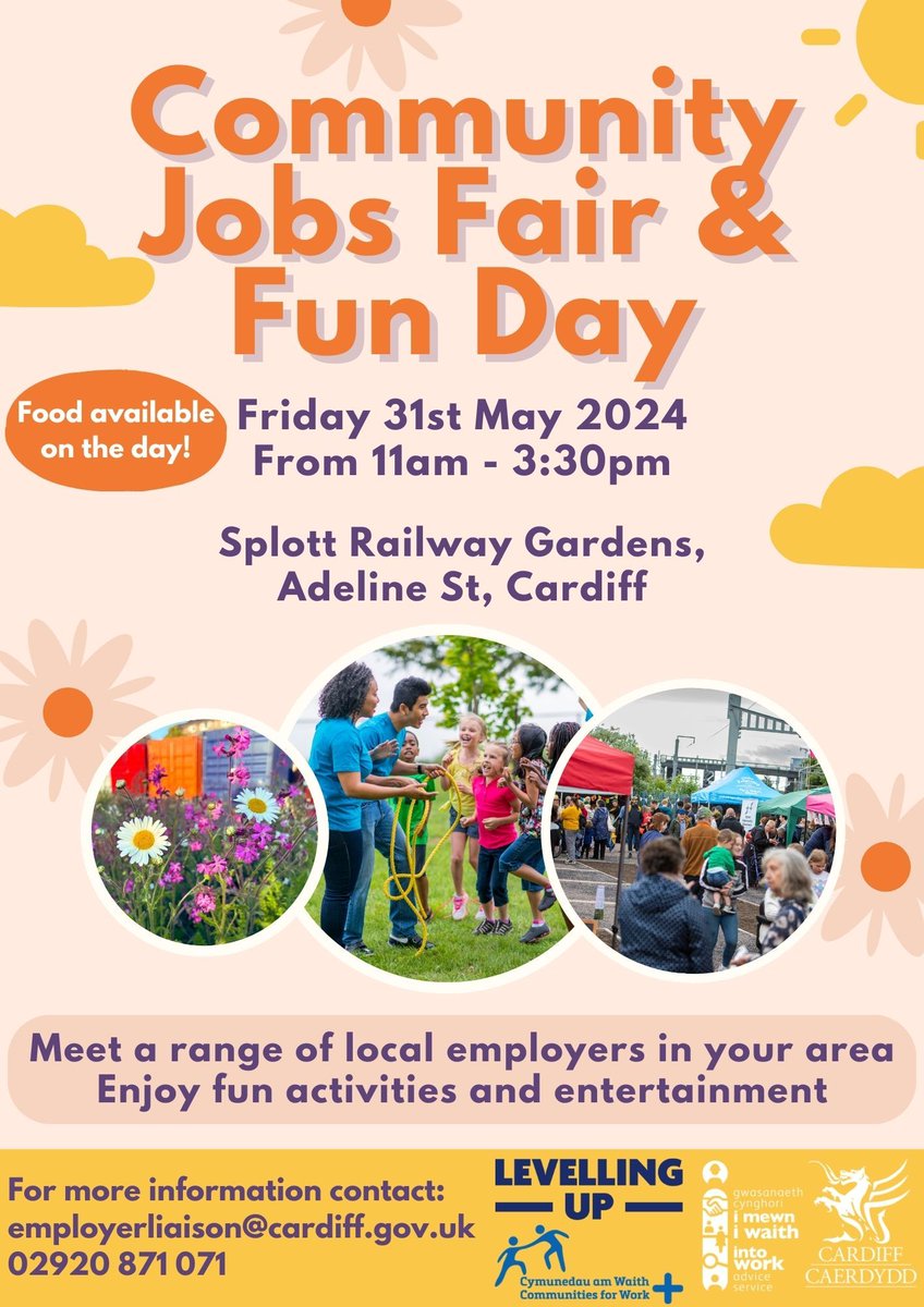 This Friday 31st May pop down to @RailwayGardens for a community jobs fair and fun day hosted by @cardiffcouncil Into Work team. This will be a family friendly event with food, circus, play and lots more!