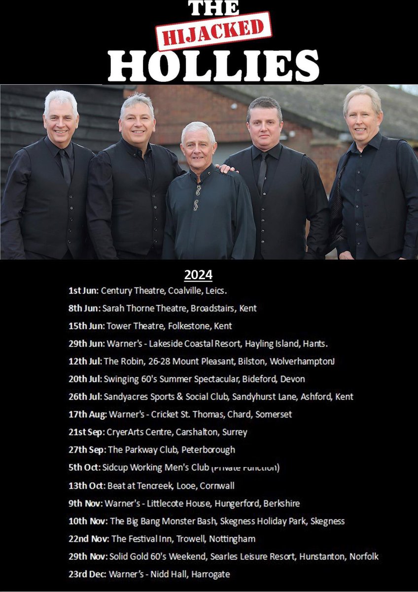 A reminder of where we are going to be for the rest of this year. Further details can be found on our website here:
hijackedhollies.co.uk/upcoming-shows/ #thehollies #holliestribute #hijackedhollies #60smusic #livemusic #thehijackedhollies #music #gig #harmonies #guitar #bass #drums #keyboards