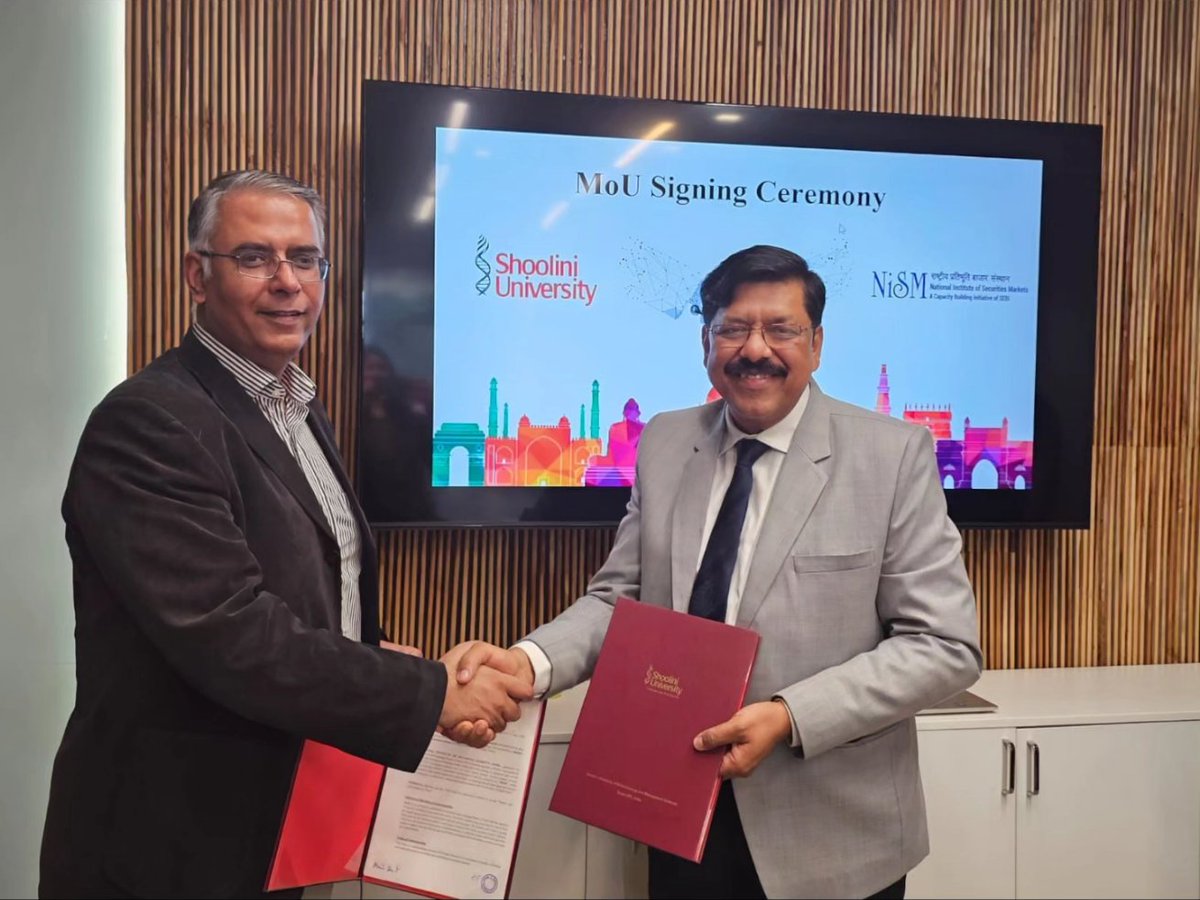 Shoolini University signs MoU with the National Institute of Securities Markets (NISM), a premier educational institution under the Securities and Exchange Board of India (SEBI).

#ShooliniUniversity #NISM #FinancialMarkets #Collaboration #Investment #SEBI #SecurityMarket