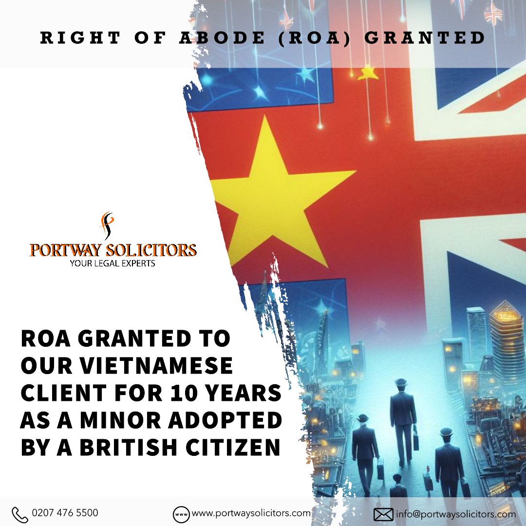 PortwaySol's tweet photo. Exciting News! 🎉 Our Vietnamese client has been granted a 10-year Right of Abode in the UK as a minor adopted by a British citizen. 🇻🇳🇬🇧 

#ROAGrant #PortwaySolicitors #LegalSuccess #UKImmigration #AdoptionRights #BritishCitizen #VietnameseClient #ImmigrationLaw #unitedkingdom https://t.co/DRwRlNJcBN