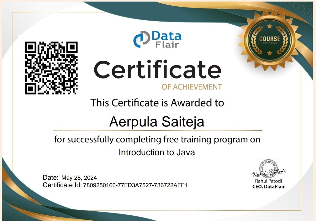 'Thrilled to share that I've just received my certification from the free training program on Introduction to Java! Kudos to @DataFlairWS for this amazing opportunity.Ready to take on a new challenge. 
#JavaCertified #FreeTraining #IntroductionToJava #NewSkills #coding