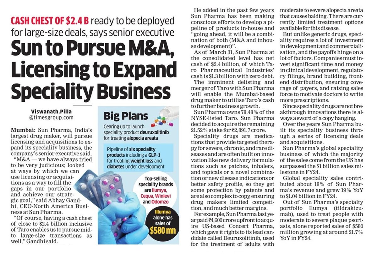 Read more about our strategic plans for expanding our specialty business in this @EconomicTimes article. As a global pharmaceutical company, we continue to enhance our focus on innovation to introduce medicines that address various unmet needs of patients. #WeAreSun