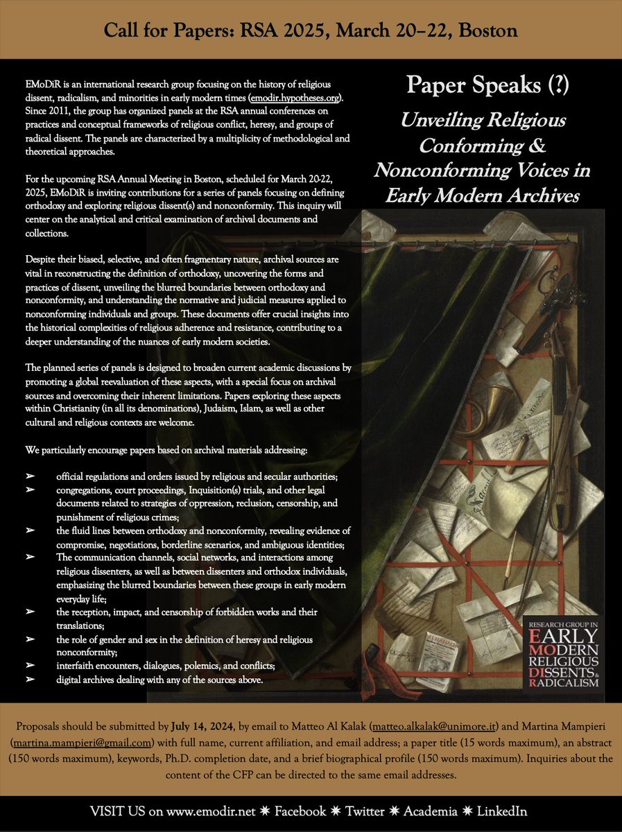 CfP for our panels at RSA 2025, organised by @martinamampy and @MatteoAlKalak. Theme: Paper Speaks (?) – Unveiling Religious Conforming and Nonconforming Voices in Early Modern Archives. Please circulate, and submit a proposal! #RenSA25 #earlymodern #twitterstorians #cfp