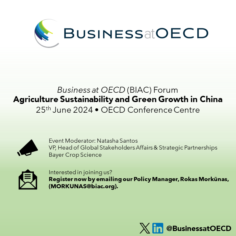 📢 UPCOMING EVENT: We will hold a Forum on Agriculture Sustainability & Green Growth in China. 🗣️ Private sector reps including @Bayer4Crops, @OECD Ambassadors & Directors, & more 🗓️ 25 June 2024 ⏰ 10:00 - 15:30 📍 @OECD Conference Centre Agenda ➡️ businessatoecd.org/hubfs/AG%20202…