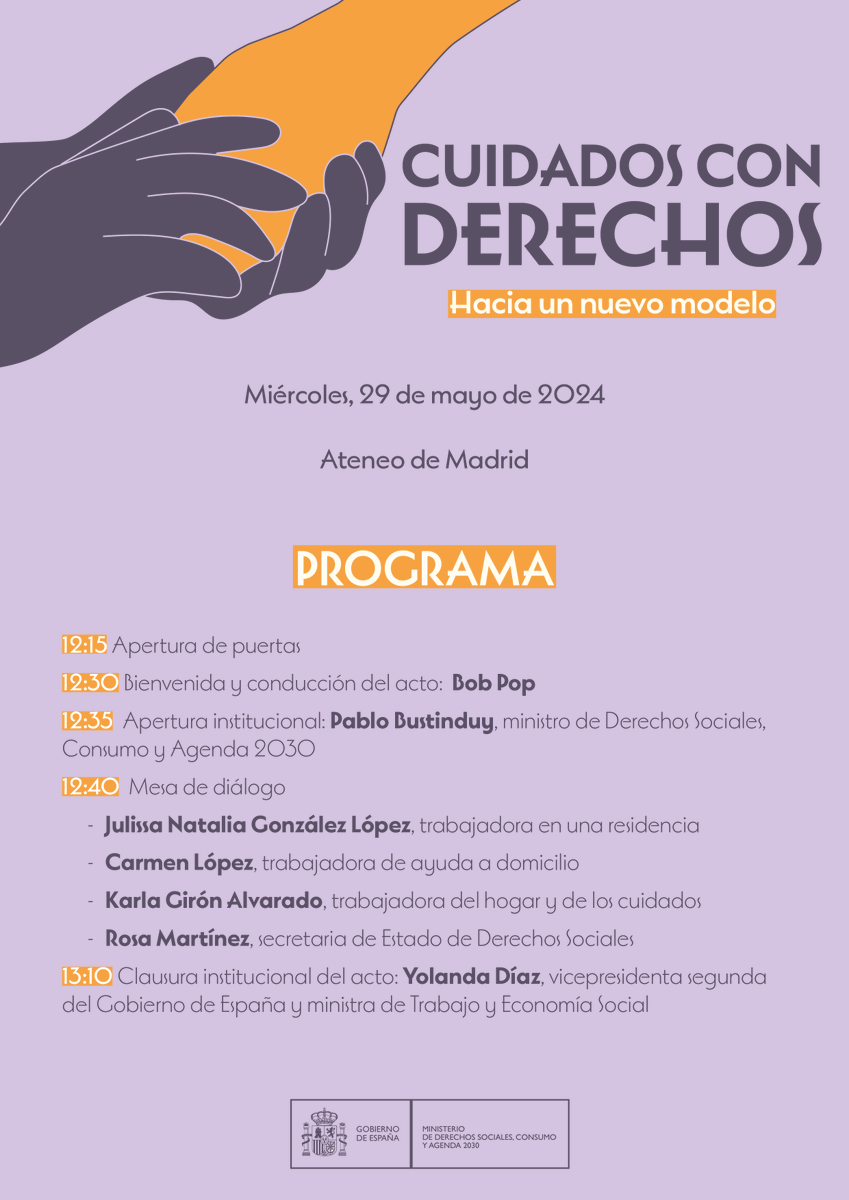 💜 Mañana celebramos el al acto 'CUIDADOS CON DERECHOS'. 💭 Dialogaremos sobre la transformación del modelo de cuidados para poner en el centro los derechos de quienes los reciben y de quienes los proveen de manera profesional. 🔴 En directo: youtube.com/live/ZRR03tJ3V…