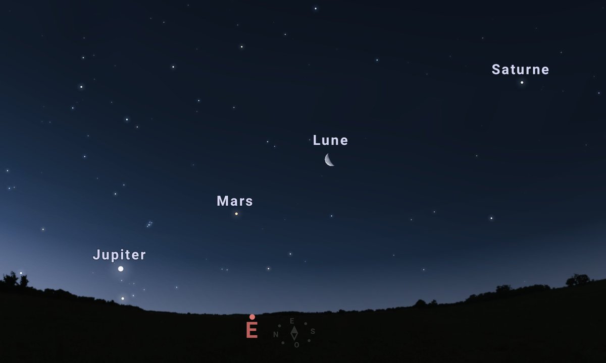 Le matin du 30 juin 2024, vous pourrez assister à un bel alignement planétaire dans le ciel français : Lune - Jupiter - Mars - Saturne.

En traçant une ligne imaginaire reliant ces quatre astres, vous visualiserez ainsi le plan du Système solaire, appelé le plan de l'écliptique,