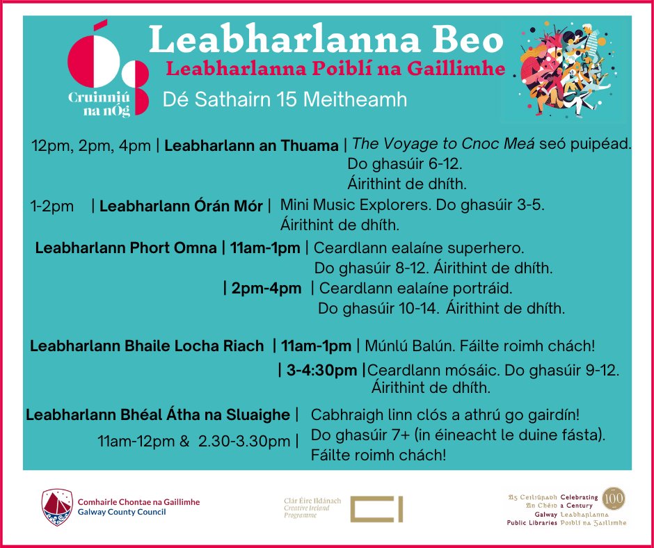 There's loads of brilliant events for children happening in our libraries for #CruinniúNanÓg on the 15th of June. Contact the library branches directly to book a spot and for more information. @GalwayCoCo @PublicArtGalway @creativeirl