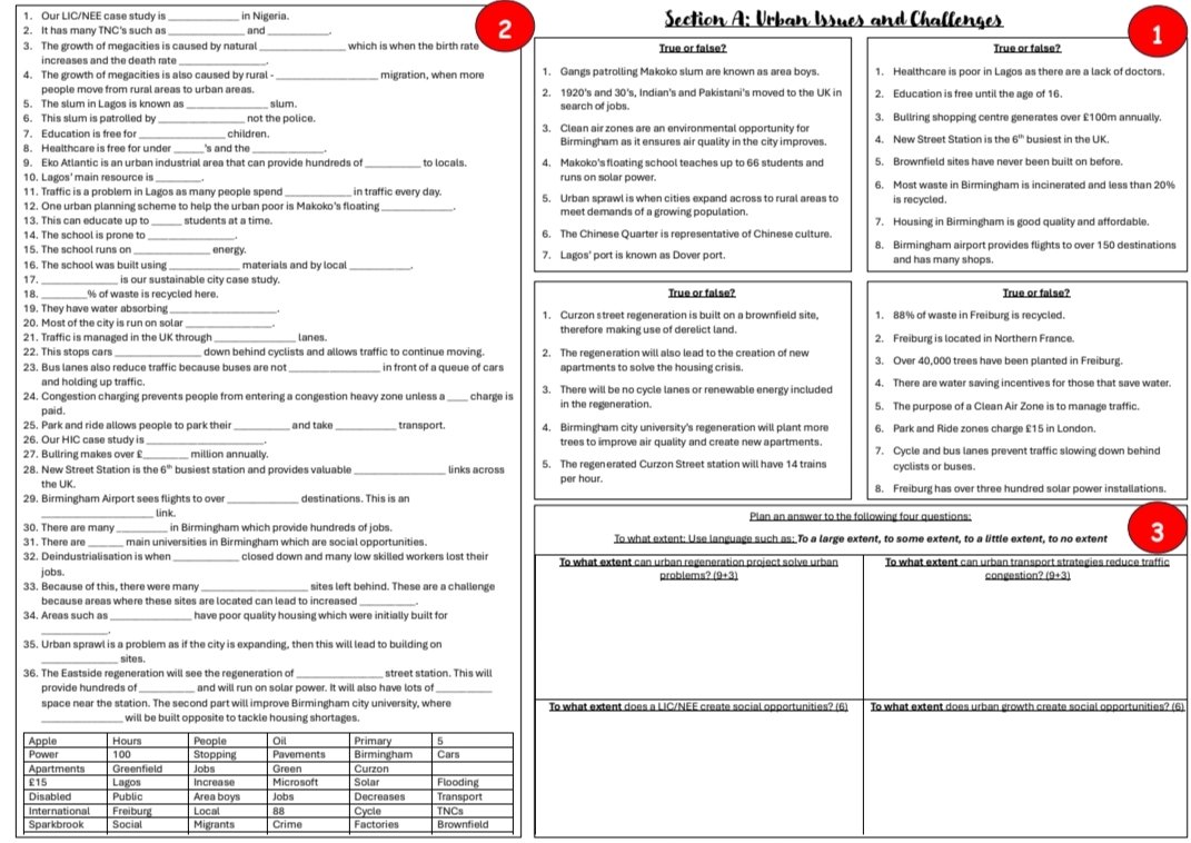 With Paper 2 fast approaching, I've just created a fun and engaging revision sheet for Urban Issues and Challenges. Found here if useful: ko-fi.com/s/ad7f46ddf1

 #geographyteacher #exams #revision #share