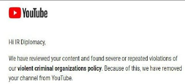 YouTube deletes Iranian Foreign Ministry's account for video defending Palestine “Once again demonstrating the contradiction between the truth about Western freedom of speech and what is said about it, our country’s Foreign Ministry account was removed from YouTube some time