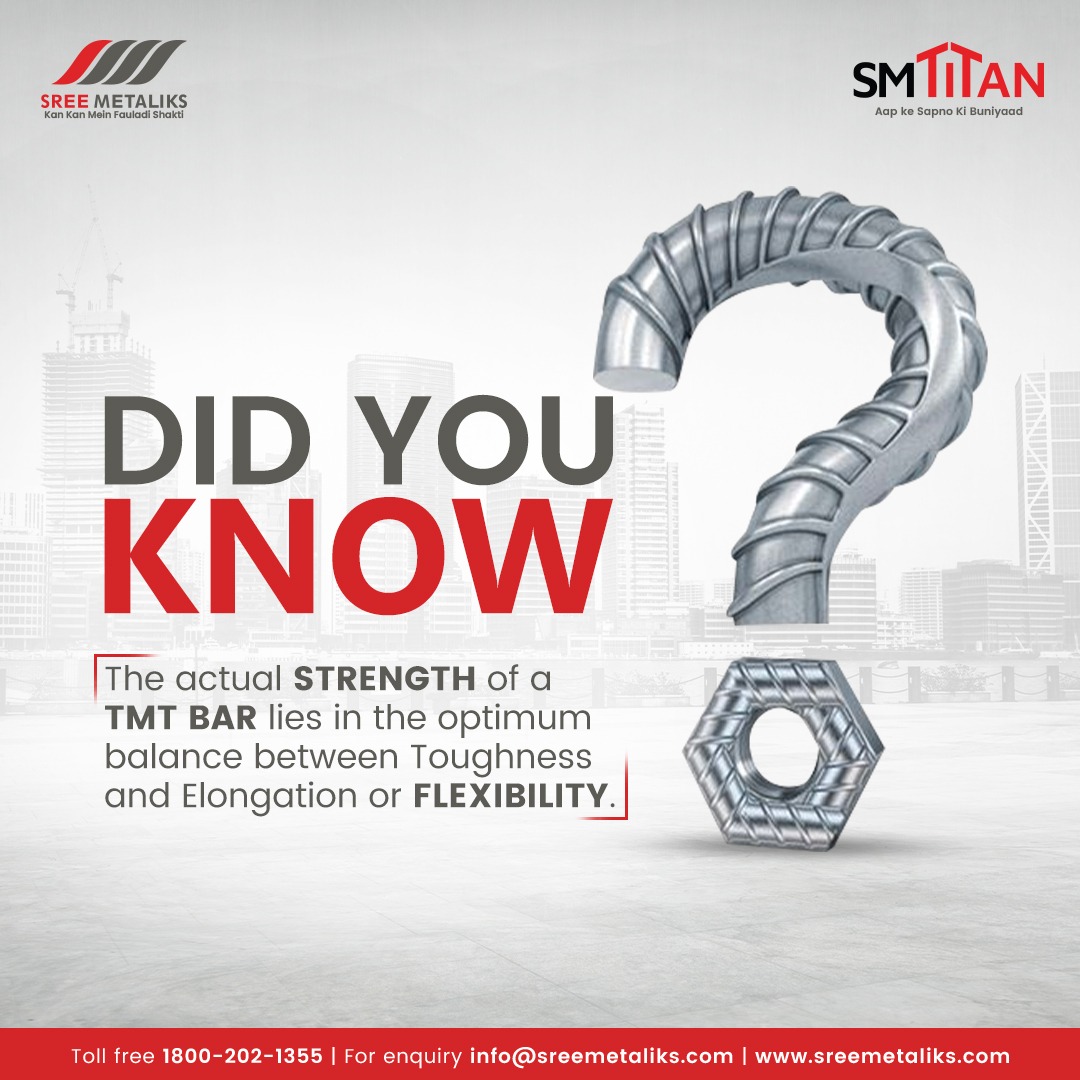 Did you know? The true strength of a TMT bar comes from the perfect balance between toughness and elongation, ensuring both durability and flexibility.'

#Tmtbar #tmt #sreemetaliks #smtitan #tmtbars #steel #Iron #power #didyouknow