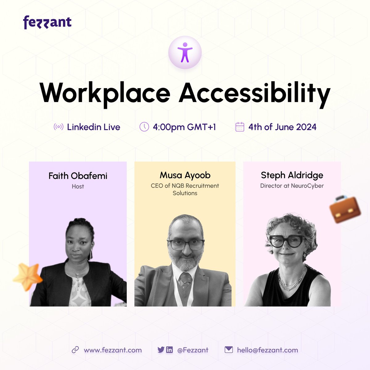 Steph Aldridge, Director at @NeuroCyberUK, and Musa Ayoob, CEO of @NQBRecruit Solutions, would be discussing workplace accessibility. 

Join the conversation by registering: lu.ma/ew2vvj5y

#accessibility #a11y #inclusion #diversity