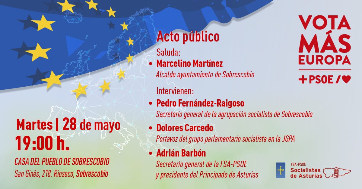 Esta tarde, los y las #SocialistasDeAsturias celebramos un acto público en #Sobrescobio, con las intervenciones de @AdrianBarbon, Dolores Carcedo, Pedro Fernández-Raigoso y Marcelino Martínez.  

Vota #MásEuropa, #VotaJonásFernández. Nuestra voz en Europa 🇪🇺❤️