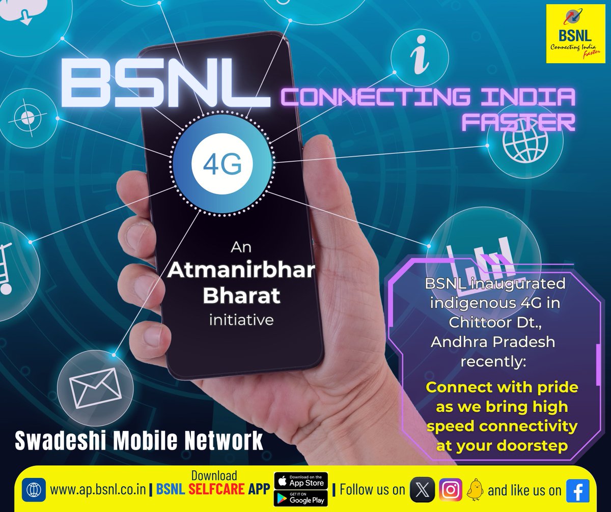 #BSNL has launched indigenous 4G (Swadeshi technology) in Chittoor Dt., AP and will be extended shortly across the state. 

Upgrade your existing old 2G/3G SIM to 4G immediately. Pl visit nearest BSNL CSC /Franchisee/Retailer/DSA. 

#BSNLOnTheGo #AtmanirbharBharat #joinBSNLfamily