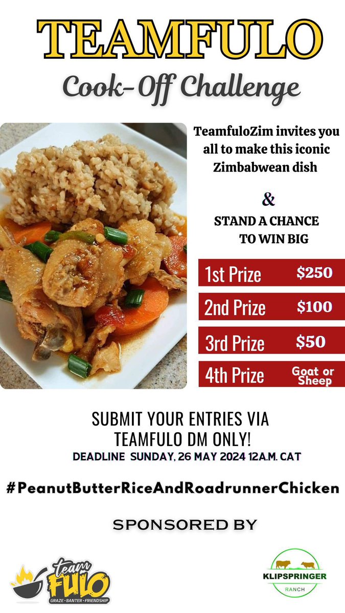 Hi,Possé! Howzit? Just a reminder ,the polls for the #PeanutButterRice #RoadRunnerChickenCookOffChallenge are closing at 13:05 CAT ,so if you haven’t cast your vote yet,please head over to @TeamFuloZim and do so . Vote in all five groups for your favourite dish. The top two