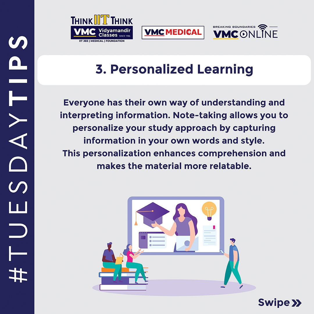 Unlock the power of active learning with effective note-taking! 
.
#VMC #VidyamandirClasses #TuesdayTips #ActiveLearning #EffectiveNoteTaking #StudySmart #BoostComprehension #EnhanceRetention #StudentSuccess #LearningStrategies #AcademicExcellence #StayOrganized #StudyTips