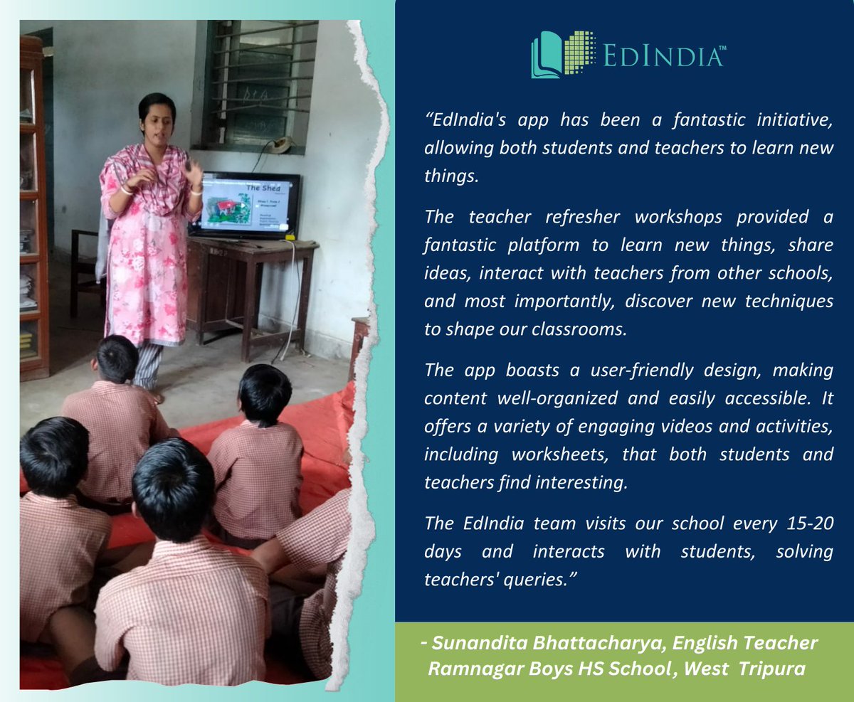 Discover how Sterlite EdIndia Foundation's Teacher Education Program is making a difference from the perspective of Sunandita Bhattacharya, English Teacher at Ramnagar Boys HS School, West Tripura. Her experience is detailed below. Learn more: edindia.org